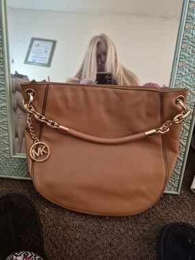 Michael Kors Cognac Leather Shoulder Hobo with Gold Chain Accent
